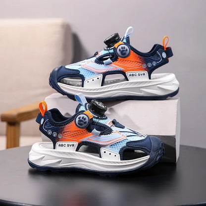 Kids Rotating Button Closed-Toe Sandals, Breathable Mesh Sport Shoes for Boys, Non-Slip Adjustable Summer Beach Sneakers