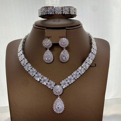 Luxury Wedding Indian Bridal Jewelry Sets Women Snowflakes Cubic Zirconia 4 pcs Necklace Earrings for Women