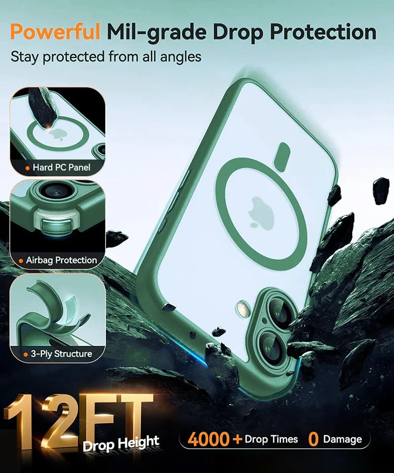 Magnetic Luxury Armor Shockproof Case For iPhone 17 Air 16 15 14 13 Pro Max For Wireless Charge Matte Translucent Cover