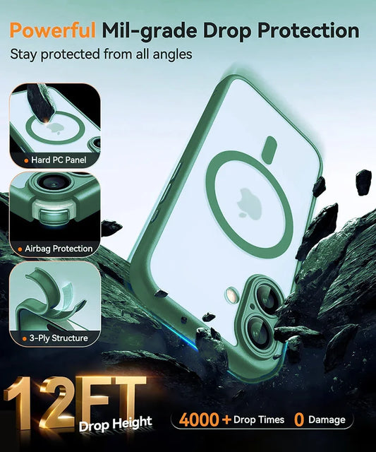 Magnetic Luxury Armor Shockproof Case For iPhone 17 Air 16 15 14 13 Pro Max For Wireless Charge Matte Translucent Cover