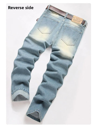 Autumn Men's New Light Blue Slim Fit Jeans Men's Ripped Loose Jeans Elastic Hole Versatile High Street Denim Pants Retro Washed