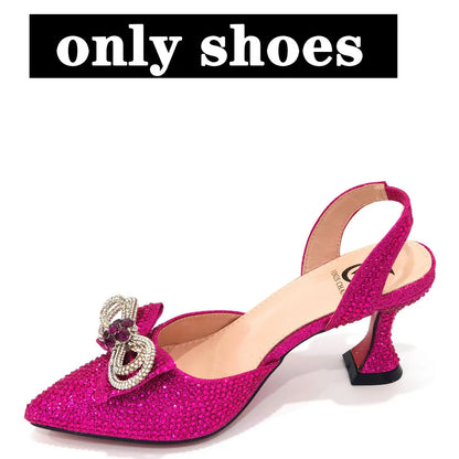 Italian Design African Women's High Heel Pointed Toe Sandals Party Wedding Party Fuchsia Color Shoes and Bags Set