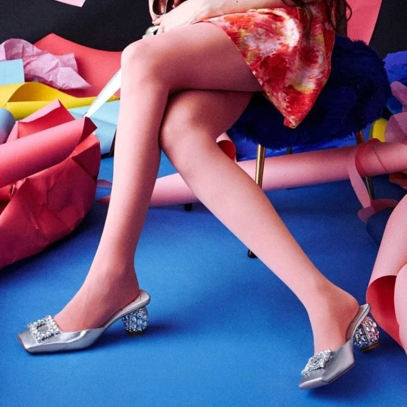 Summer Rhinestone Pumps Women Square Toe Mules Female Crystal High Heels Women Shoes Femmes Chaussures sandalias de las mujeres