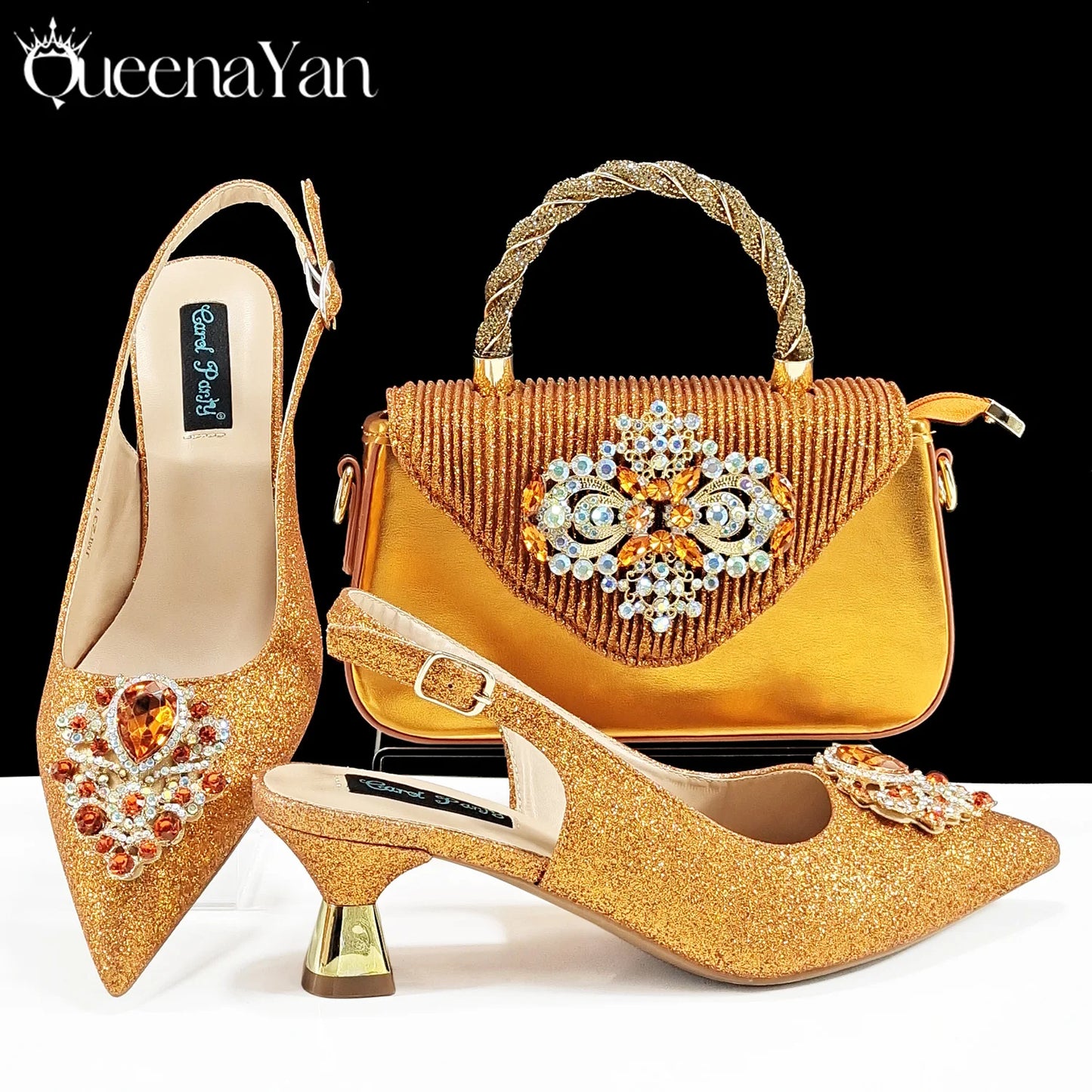 Pointed-Toe Luxury Style Women High Heels Sandal With Bag Set Orange Color for Wedding Party