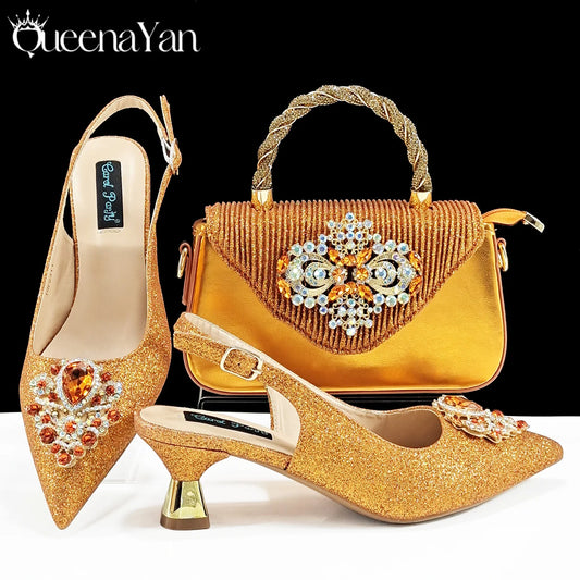 Pointed-Toe Luxury Style Women High Heels Sandal With Bag Set Orange Color for Wedding Party
