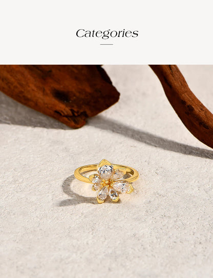 925 Sterling Silver Luxury Women Ring Flowers D VVS1 Moissanite Pear-cut Engagement Band Anniversary Gift Fine Jewelry