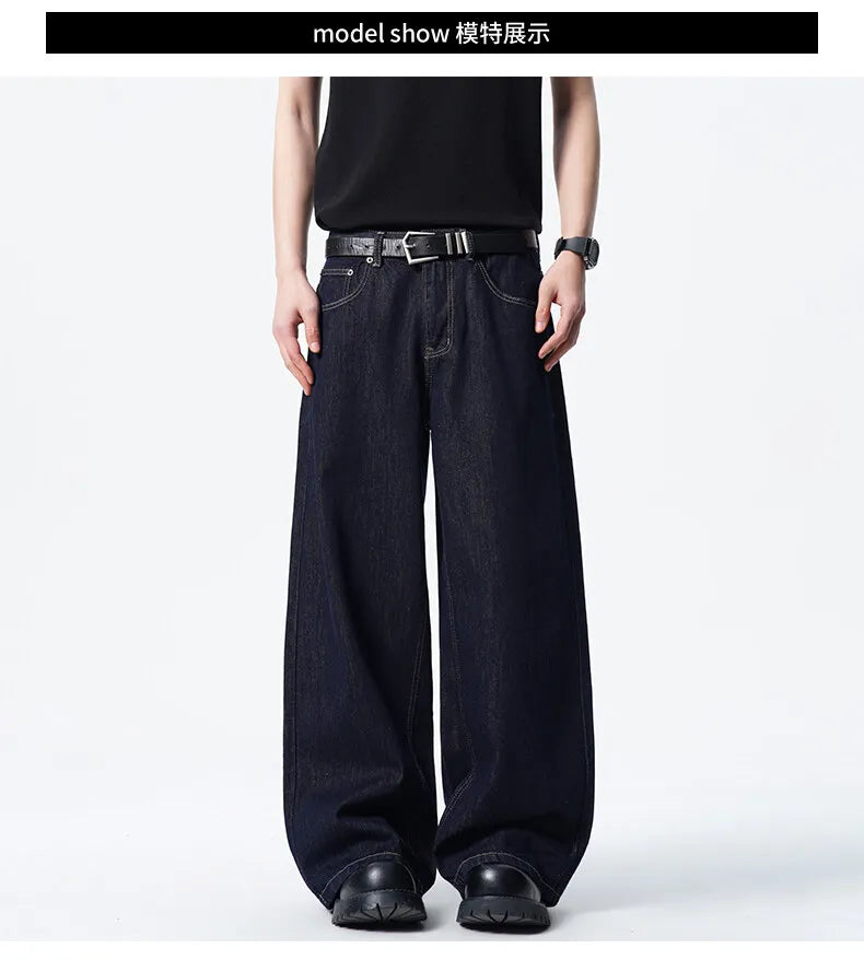 Calça Jeans Masculina Azul Escuro Solta Comprida Reta Clássica De Comprimento Do Chão Atacado Venda Quente Minimalista Casual Streetwear