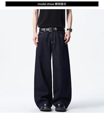Calça Jeans Masculina Azul Escuro Solta Comprida Reta Clássica De Comprimento Do Chão Atacado Venda Quente Minimalista Casual Streetwear