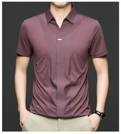 Personality jacquard splicing short sleeve Polo shirt men ice silk breathable high quality fashionable buttonless V-neck T-shirt