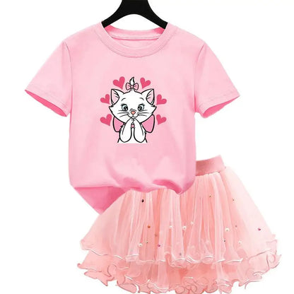 The Aristocats Marie Cat 2Pcs/Set Girl Dress Kid Birthday Clothes Party Princess Dress T-shirt+Tutu Skirt Summer Christmas Gift