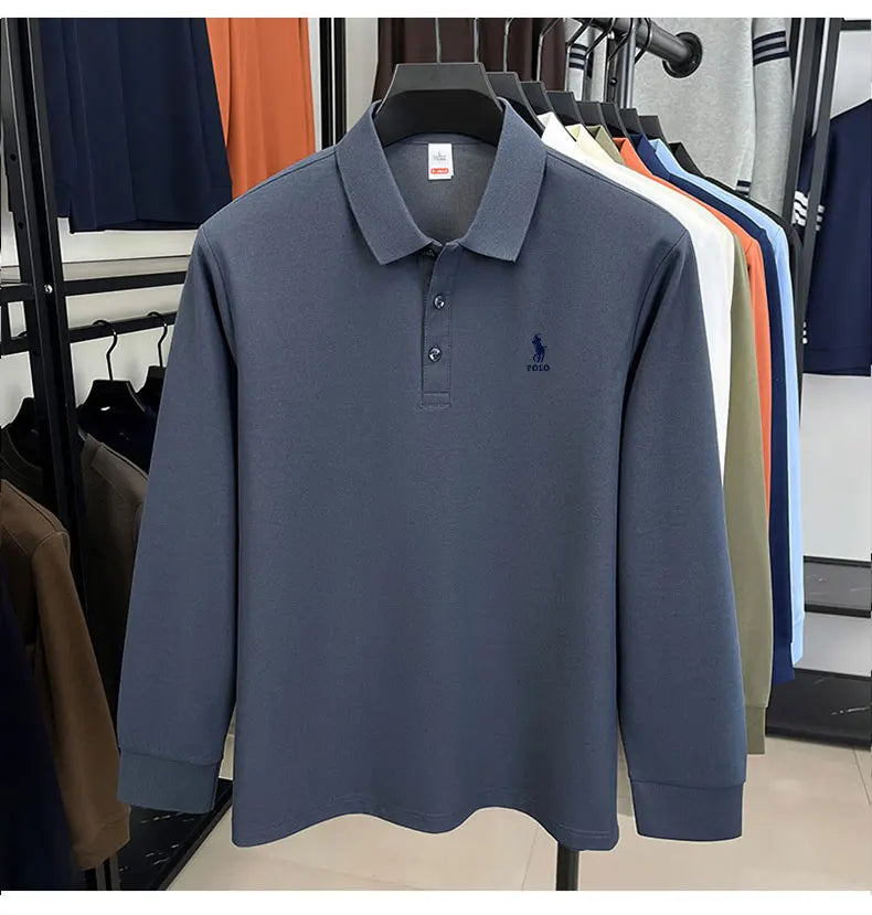 2025 autumn men's long sleeved T-shirt with a solid color polo shirt and a loose casual plus size base shirt
