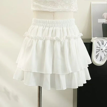 Pleated A-Line Skirt Women White Ruffle Sweet Tierred Pretty Style Skirt Elastic Waist Summer Slim Basic Korean Harajuku Dress