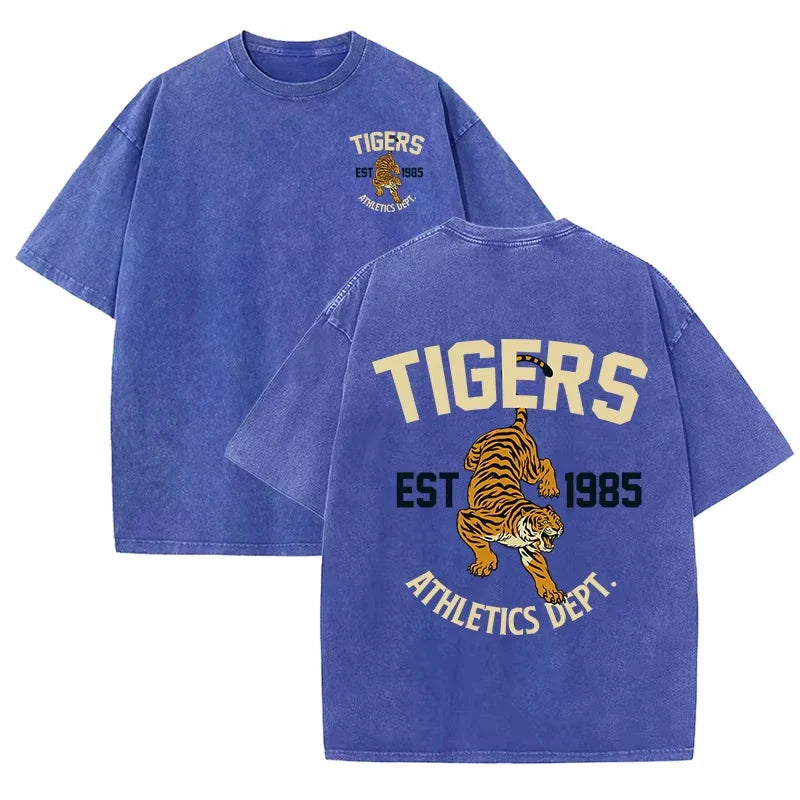 Stronger Tiger Sport Print Wash T Shirt Woman Summer Comfortable Washed Tee Casual Shortwear Soft Cotton Unisex Clothes