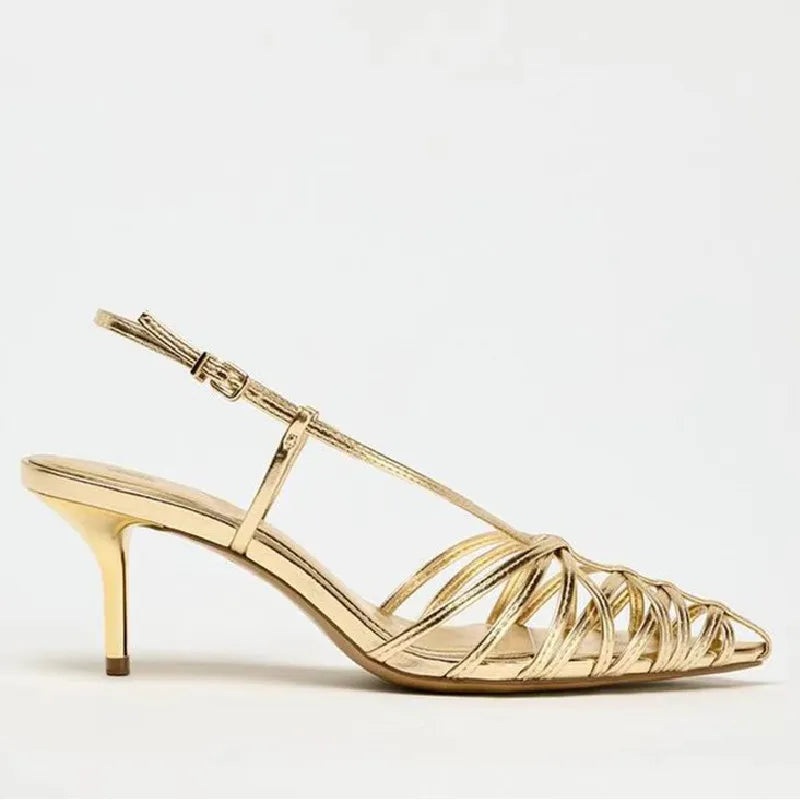 Luxury Gold Brand Heels Women Fashion Narrow Strap Hollow Thin High Heel Summer Sandals Sexy Pointed Toe Slingbacks Dress Shoes