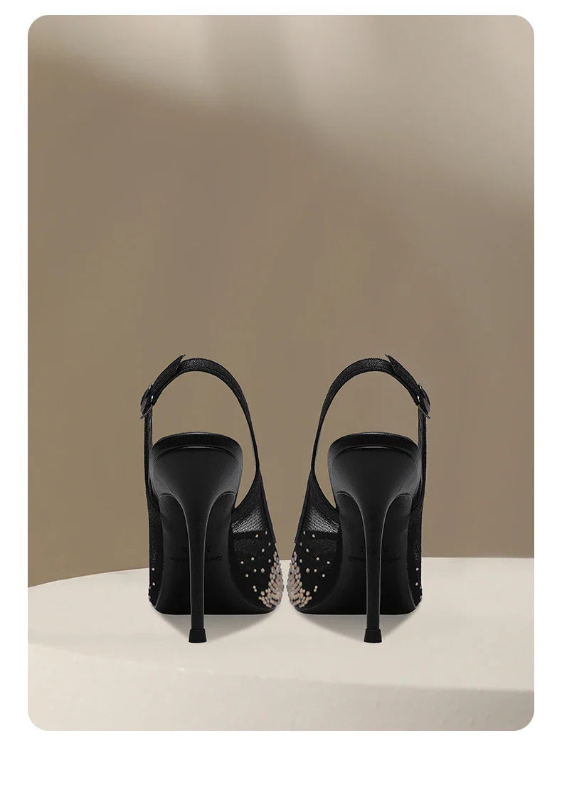 New summer black mesh rhinestone high heels for women, slim heels, shallow toe, sexy sandals with a single buckle strap