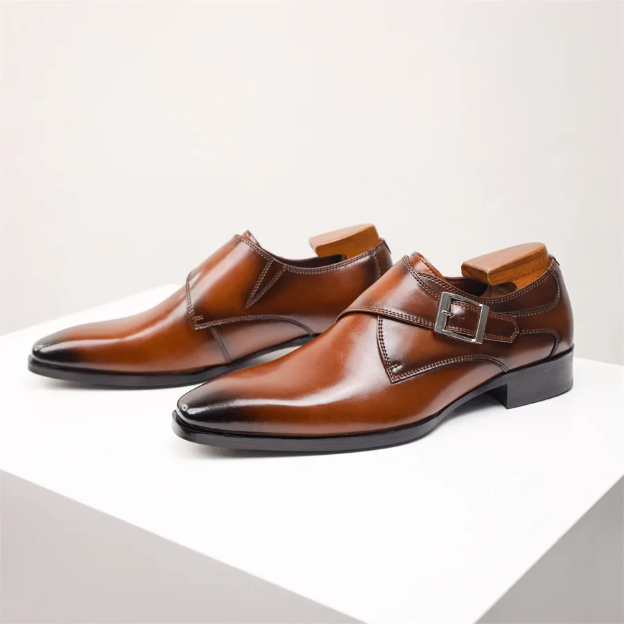 Men's Cow Leather Shoes Buckle Pointed Dress Shoes Men Classic Business Formal Social Office Party Wedding Shoes