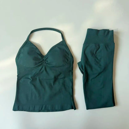 2 Pieces Set Leggings Set Women Backless Tank Tops High Waist Scrunch Gym Suit Fitness Clothes Outfit Workout Yoga Set