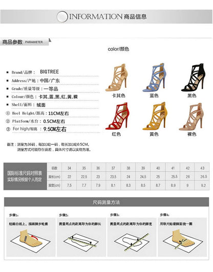 Women Roman Style Thin High Heels Pumps Pointed Toe Suede Hollow Strap Party Shoes Solid Ankle Zip Summer Sandals