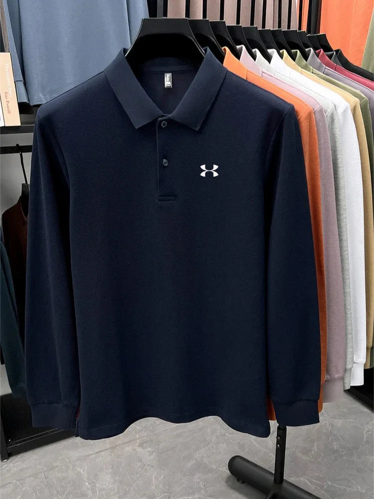 Men's brand polo shirt letter printed long sleeved top spring new 100% cotton casual sports breathable lapel fashionable T-shirt