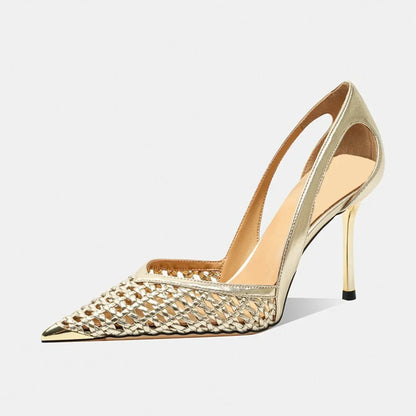 Women Hollow Sandals Elegant Pointed Toe Metal Straps High Heels Shoes Women Elegant Fashion Concise Sandals  Zapatos De Mujer