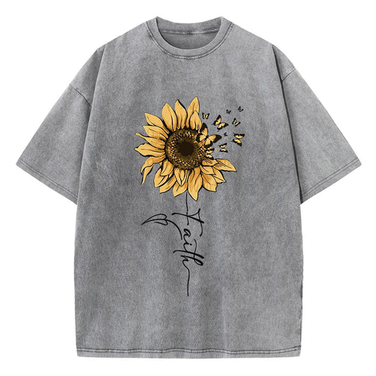 Sunflower And Butterfly Cotton Washed T-Shirt Women Prints Tops Summer O-Neck Oversized T Shirts Vintage Black Woman Clothes