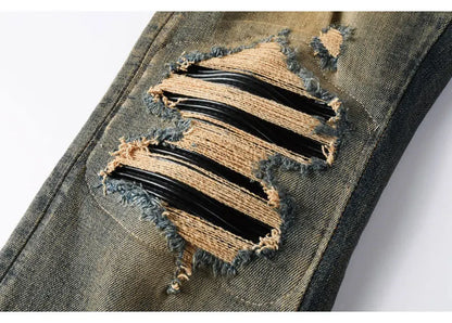 Y2k new men's jeans washed nostalgic perforated black leather patch deep blue jeans high street designer hip-hop brand high-qual