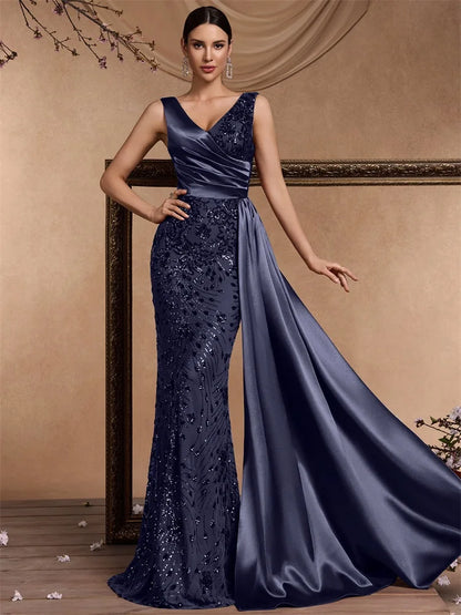Elegant V-neck Splice Ribbons Sequins Evening Dresses Woman Sleeveless Mermaid Formal Luxury Wedding Party Prom
