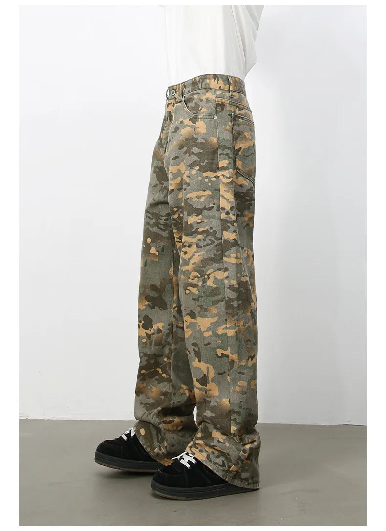 Tide Camouflage Jeans Men's Ins Loose Straight Wide Leg Casual Denim Pants Loose Male Trousers 12C2036