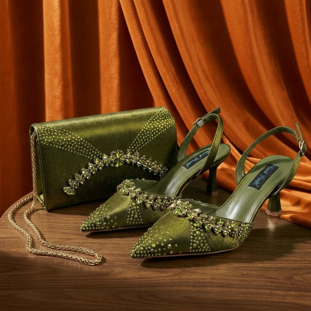 Italian Inspired Gold Rhinestone HAND CRAFTED UPPER Pointed Toe Women High Heels Shoes and Bag Set Elegant Party Shoes