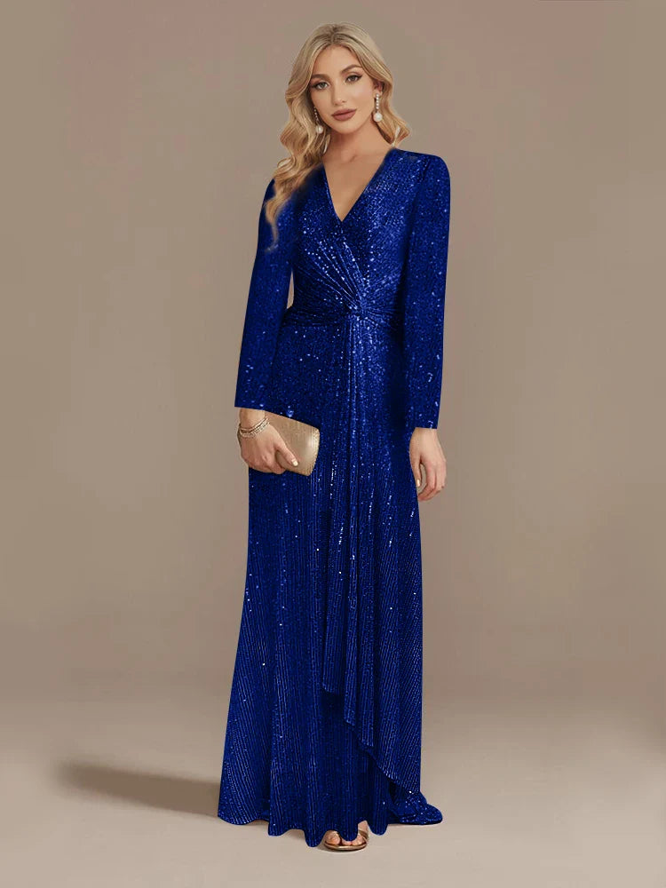 Luxury Floor Length V-Neck Evening Dress 2025 Women Elegant Party Maxi Dress Sequin Long Sleeves Prom Cocktail Dress