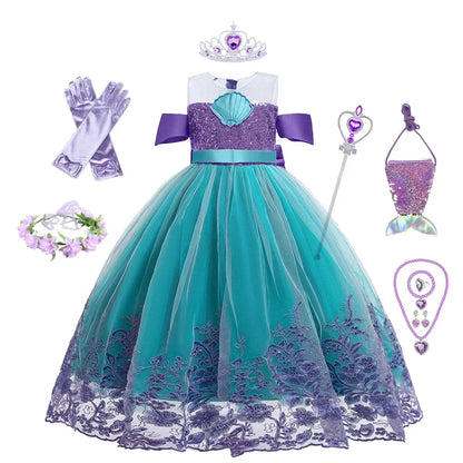 Vestido Ariel Pequena Sereia Princesa Fofa Menina Fantasia Cosplay Infantil Roupa de Festa Aniversário Halloween Vestido de Verão Menina