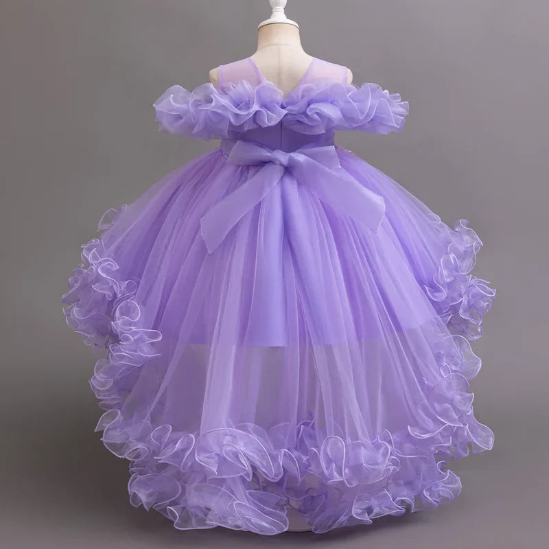 Purple Flower Bridesmaid Princess Dress For Girls Children Costumes Trailing Party Dresses Girls Dress Beaded Wedding Gown