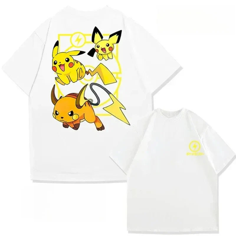 Men Cotton T-Shirt Streetwear Colorful Pikachu & Ash & Friends Print Oversized Casual Daily Wear Anime Fans Gift