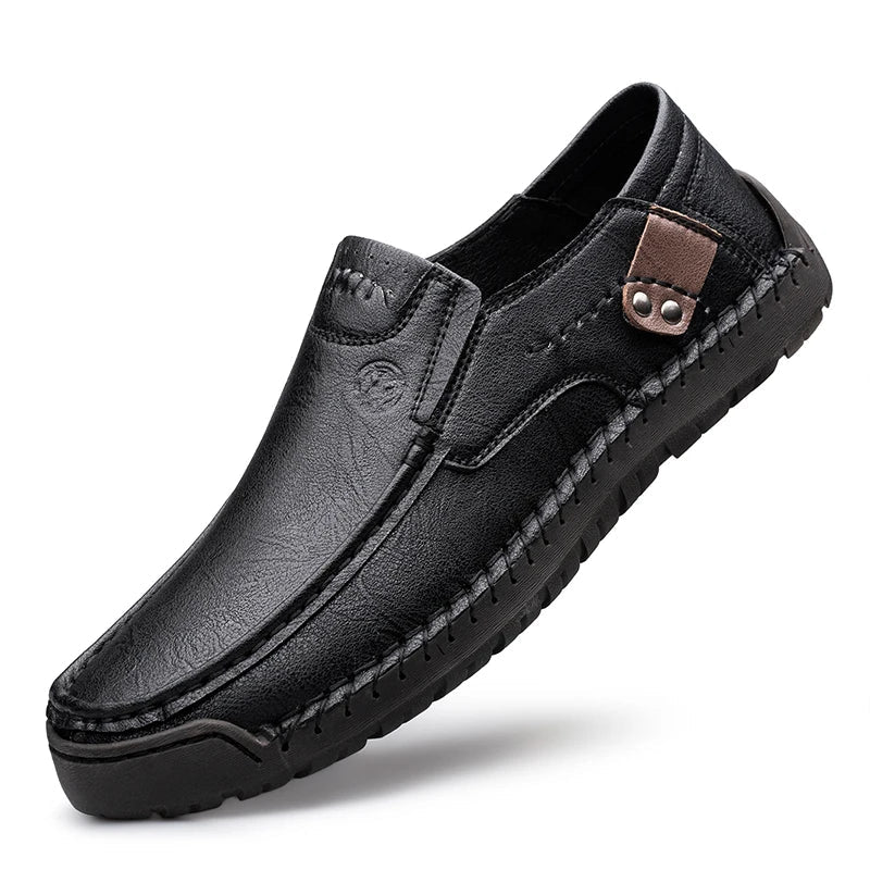 Men's Handmade Thick Rubber Bottom Breathable Casual Leather Shoes Classic Sewn Loafers Comfortable Leisure Footwear