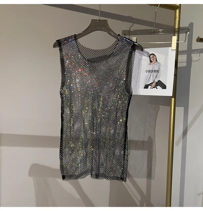 Women&Men Crystal  Rhinestones Shiny Sexy Y2K Tank Tops High Quality Party Club Sexy See Through Mesh Hollow Out Diamond shirt