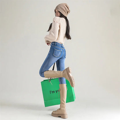 Women Thermal Jeans Winter Snow Warm Plush Stretch Jeans Lady Skinny Thicken Fleece Denim Long Pants Retro Blue Pencil Trousers