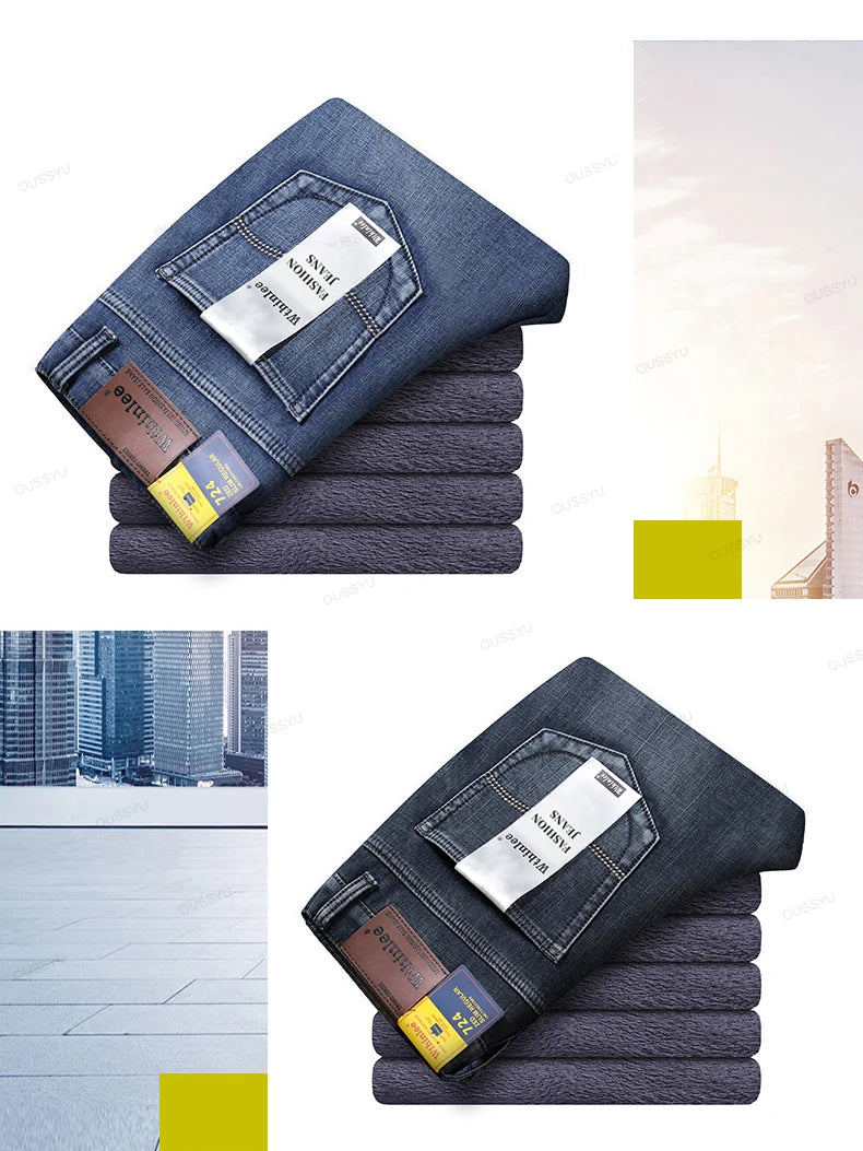 High Quality Winter Thermal Warm Flannel Jeans Men Famous Brand Fleece Denim Pants Straight Flocking Trousers Male Plus Size 40