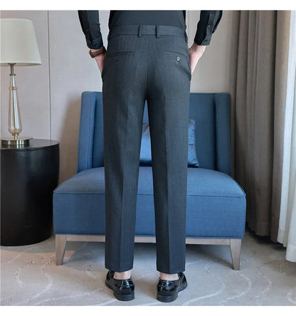 Men's Wool Blend Dress Pants, Elastic Waist Business Trousers, Tapered Slim Fit, Charcoal Gray Black Navy