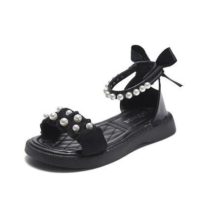 Children's Sandals Summer Bowtie Princess Shoes for Girls Fashion Sweet Kids Causal Pearl Roman Sandals Solid Color Hook Loop