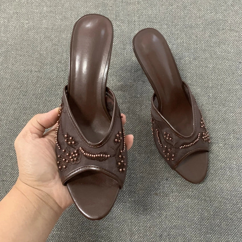 2026 Elegant Brown String Bead Mesh Embroider Slippers Women Summer Sexy Peep Toe High Heels Mules Sandals Luxury Designer Shoes