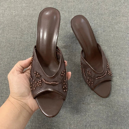 2026 Elegant Brown String Bead Mesh Embroider Slippers Women Summer Sexy Peep Toe High Heels Mules Sandals Luxury Designer Shoes