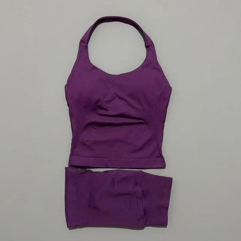 Women Seamless Gym Set 2Pcs Halter Neck Sports Crop Top High Waist Scrunch Butt Shorts Workout Fitness Yoga Tracksuit Sportswear