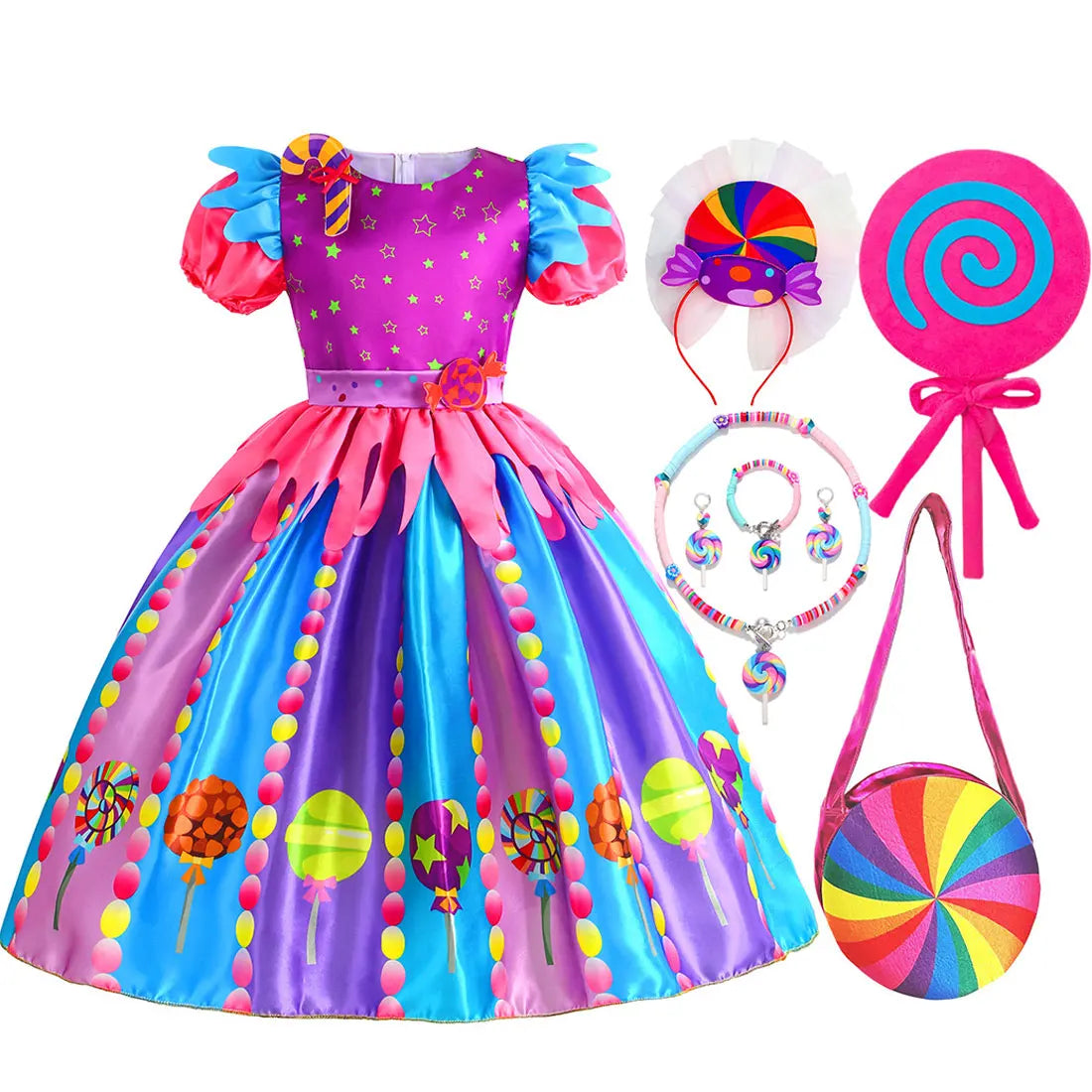 Sweet Lollipop Candy Girl Dress Rainbow Tutu Children's Birthday Carnival Party Costume Kids' Fancy Wedding Clothes