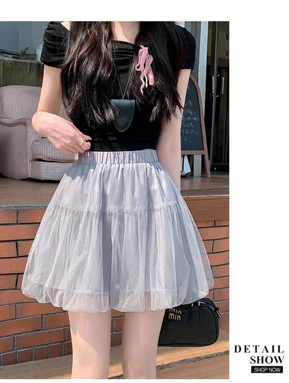Women Summer 2026 A-Line Mini Skirt Pleated Puffy Short Skirt Korean Fashion Style Flower Bud Skirt Sweet Streetwear Y2k
