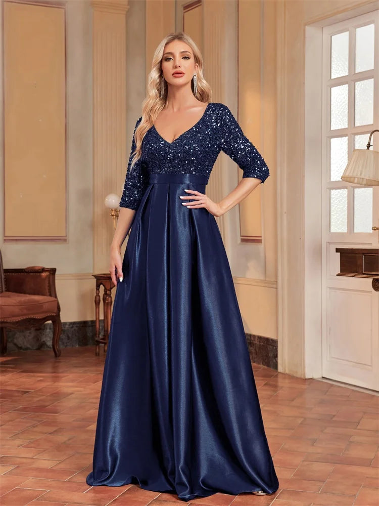 Elegant Short sleeve Sequins Evening Dress 2025 Women Satin Prom Party Green Dress Floor Length Formal Cocktail Gown