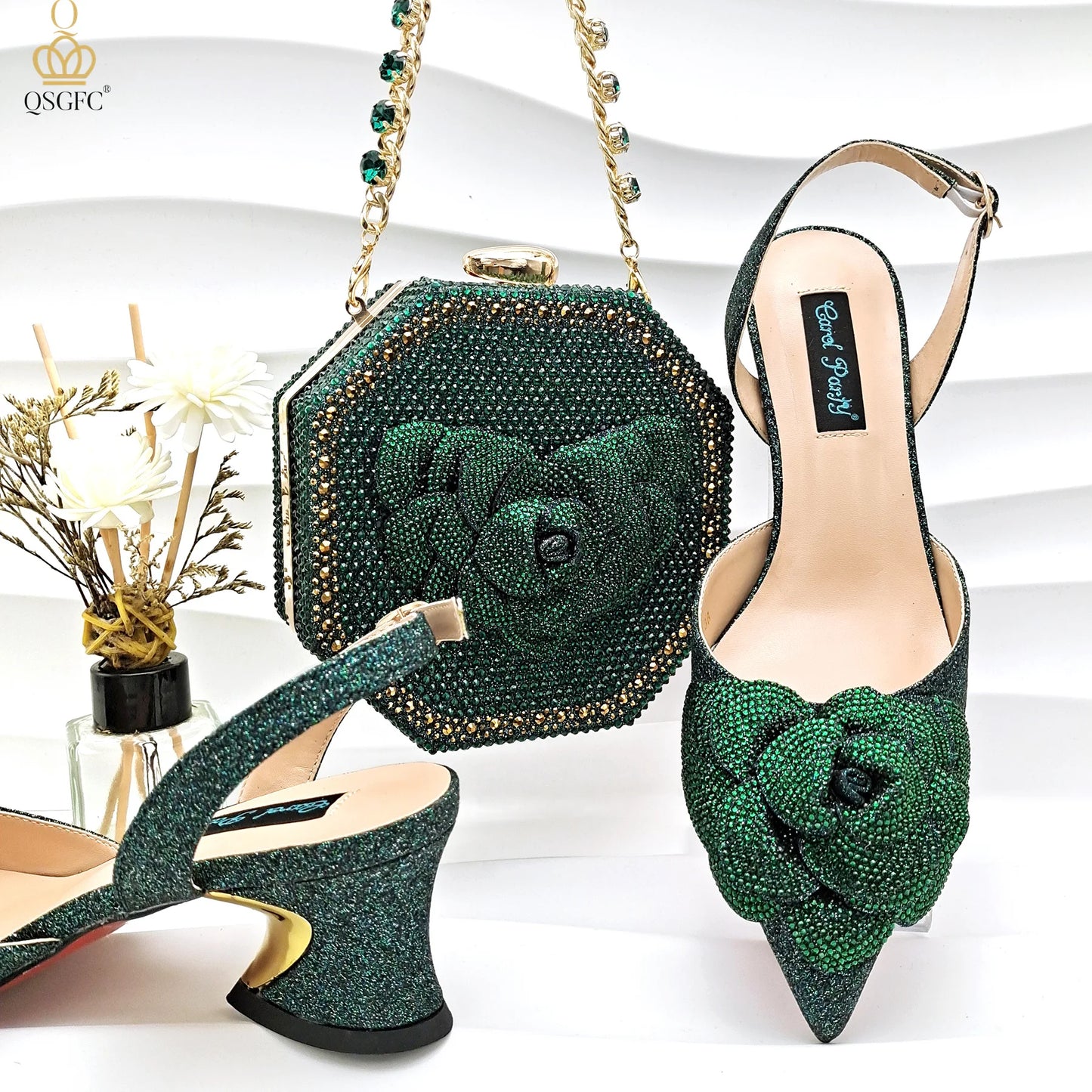 Evening Shoes And Bags Set With Full Diamond Handmade Petal Clutches Pointed Toe Mid-Heel Women Shoes
