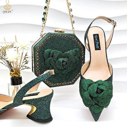 Evening Shoes And Bags Set With Full Diamond Handmade Petal Clutches Pointed Toe Mid-Heel Women Shoes