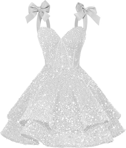 Sparkly Sequin Bows Homecoming Dresses 2026 Short Spaghetti Straps Tiered Satin Sweet Prom Cocktail Dress Graduation Dress