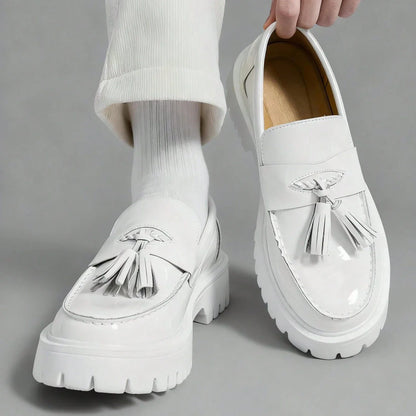 Fashion Tassel Thick Sole Leather Men's Shoes Loafers Slip-On Business Dress Shoes For Gentleman Glossy Formal Party White Shoes