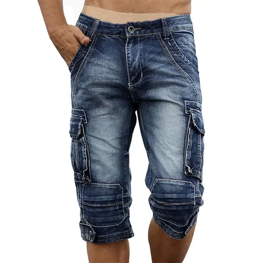 Vintage Men's Fashion Cargo Denim Shorts With Multi Pockets Slim Fit Military Jeans Shorts For Male Washed